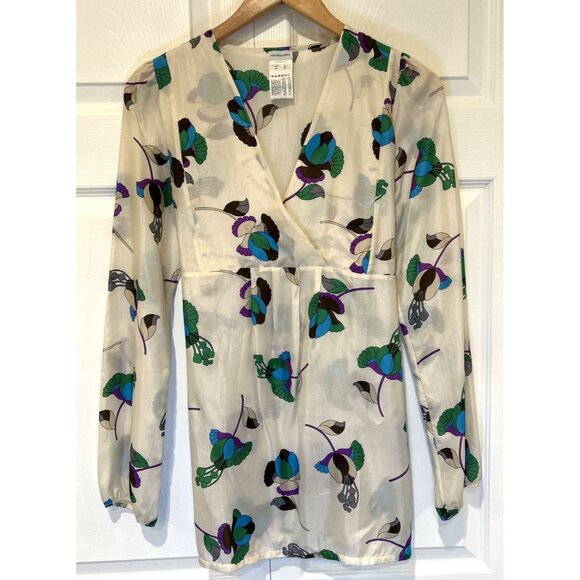 Intimissimi Womens Blouse L Beige Floral Tie Back Silk Empire Waist - Picture 2 of 7